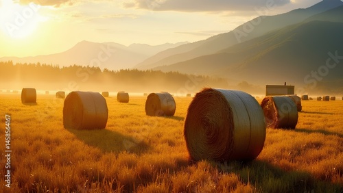 Golden hay bales are spread across a peaceful field as the sun sets behind distant mountains, casting a warm glow and enhancing the serene atmosphere of the countryside.