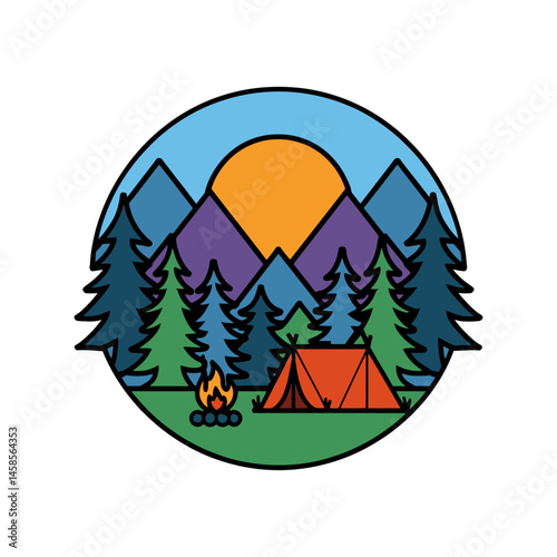 Camping Tent and Campfire in Forest with Mountains and Sunset Illustration