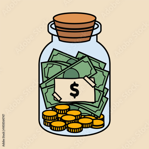 Money Jar with Cash and Coins Cartoon Savings Illustration