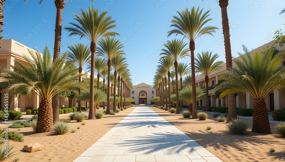 Fototapeta premium A luxurious desert resort entrance lined with perfectly planted palm trees.