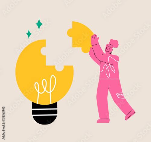 Woman building brilliant idea light bulb puzzles. Colorful vector illustration
