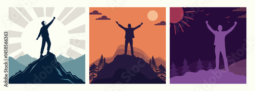 Man standing on mountain peak with arms raised in victory, silhouette against rising sun background. Adventure, hiking, nature, success, motivation illustration