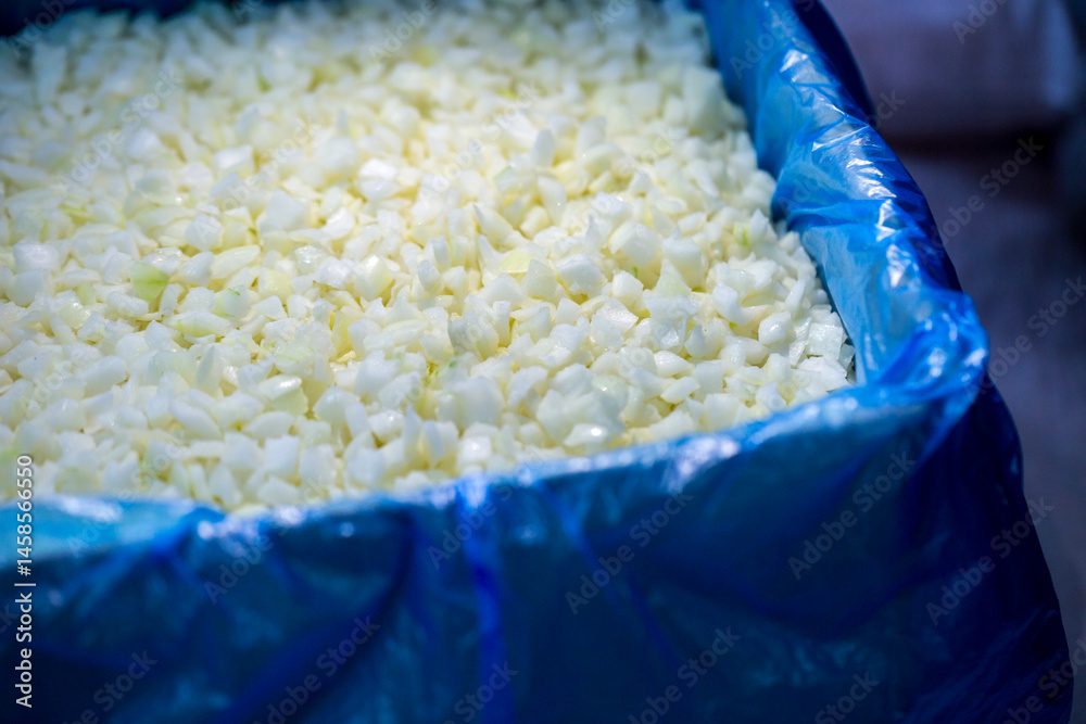 Close-up of shock-frozen chopped onion pieces with a thin ice coating. Are prepared for retail packaging to ensure extended shelf life in supermarkets and maintain perishable harvest quality.