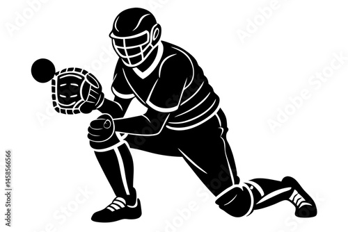 Baseball catcher silhouette in crouched position wearing glove on transparent background, baseball, catcher, silhouette, sport, equipment, glove, uniform, player, athletics, competition, game, design