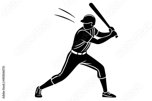 Baseball player silhouette design of athlete in mid swing batting position, baseball, player, silhouette, sport, athlete, bat, swing, batting, position, action, vector, design, graphic, illustration