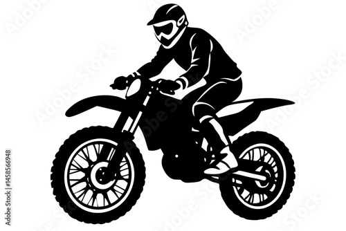 Dynamic dirt bike rider leaning forward black silhouette on white background, dirt bike, motocross, motorcycle, rider, silhouette, jump, helmet, extreme, sport, action, vector, design, graphic, white 