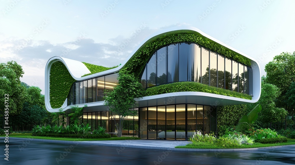Fototapeta premium Modern eco-friendly building with green facade and sleek design surrounded by nature.