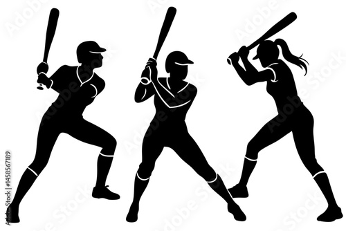 Silhouette of four softball players one batting on a white background, softball, softball player, female, woman, athlete, batting, pitch, sport, team, competition, silhouette, vector, design, cutout