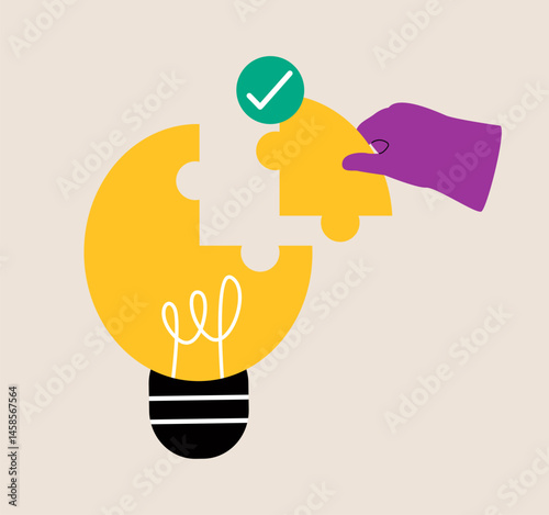 Problem solving concept. Hand assemble together jigsaw Light bulb puzzle pieces. Colorful vector illustration