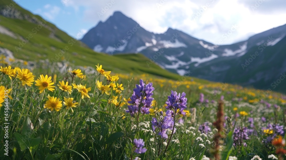 Obraz premium Vibrant wildflower meadow against majestic mountain range