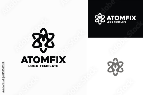 An atom with wrench or spanner tool in the middle for fix maintenance service handyman logo design