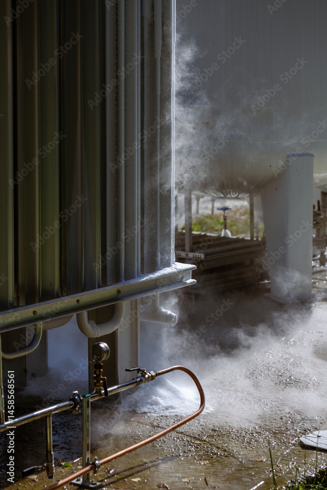 An oxygen station that produces and supplies medical oxygen to a hospital. The station includes radiators and a large white cylinder containing liquefied oxygen for distribution.