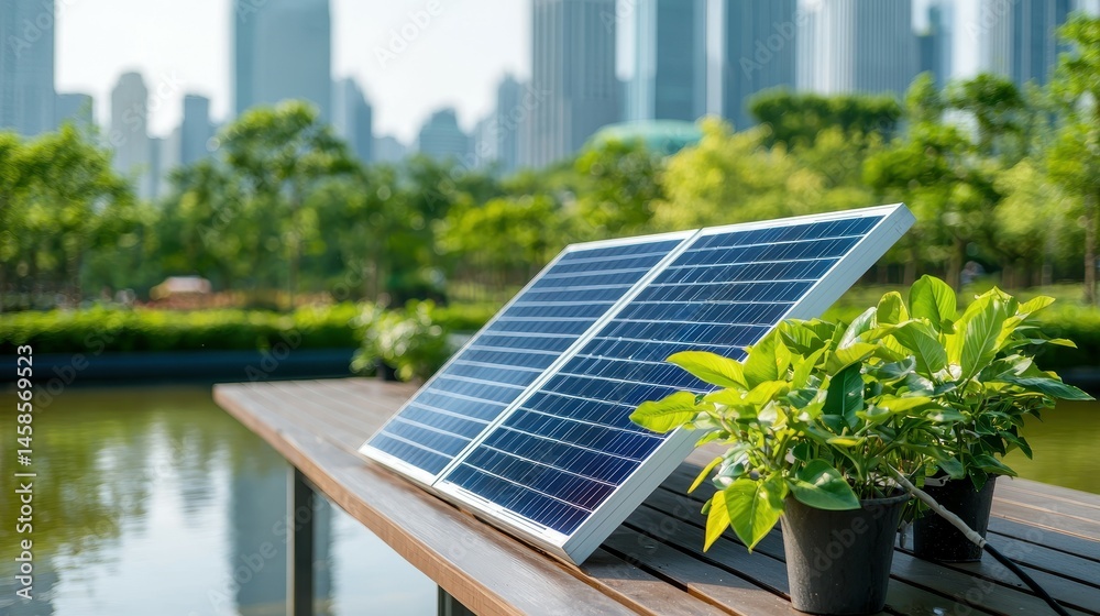 Fototapeta premium Solar panels beside vibrant greenery reflecting sustainability and innovation.