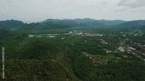Verdant langkawi landscape revealing sprawling rainforest, winding river, mountainous terrain surrounding kuah town within malaysian tropical archipelago