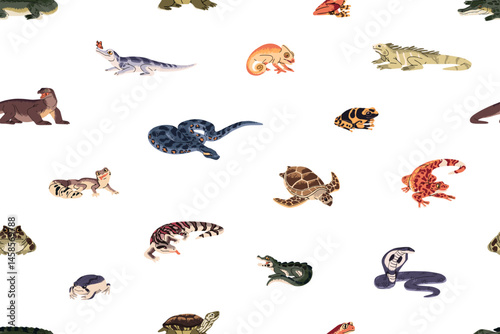 Repeatable pattern of reptiles: lizards, venomous snakes and boas, crocodiles, tropical frogs. Endless background of reptilian and amphibian animals of jungle. Flat seamless vector illustration