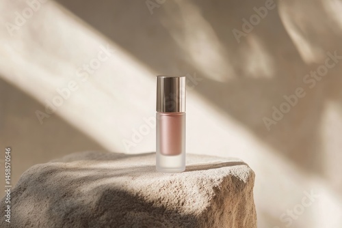 Frosted glass lipstick mockup with silver cap on textured stone
