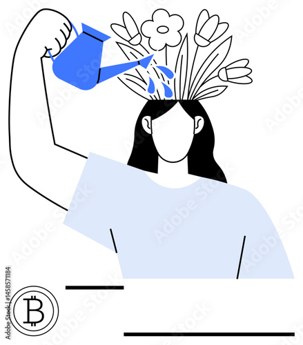 Blue watering can waters vibrant flowers sprouting from a persons head, portraying creativity, self-growth, and mindfulness. Ideal for personal development, mental wellness, finance, education