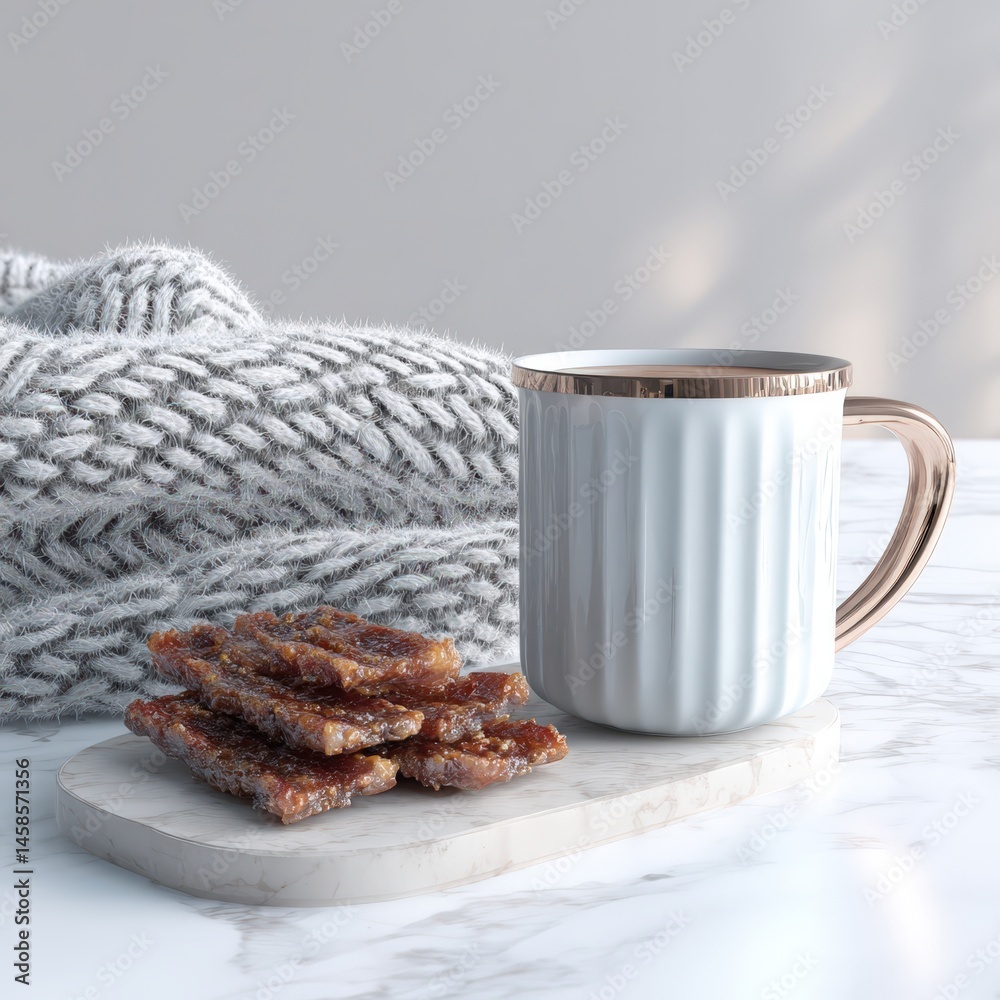 Cozy Setting with Mug and Sweet Treats on a Marble Surface