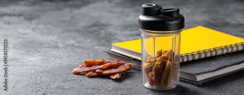 Obraz na płótnie Snack Container with Dried Meat and Notebooks for Healthy Eating w salonie