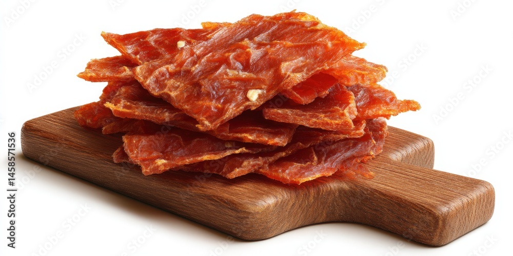 Delicious Dried Meat Snacks Stacked on a Wooden Cutting Board