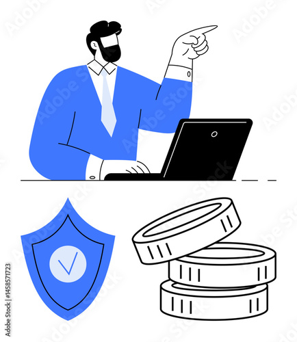 Businessman working on a laptop, shield with a checkmark symbolizing security, and stacked coins for finance. Ideal for finance, business, technology, security, investment, fintech banking themes