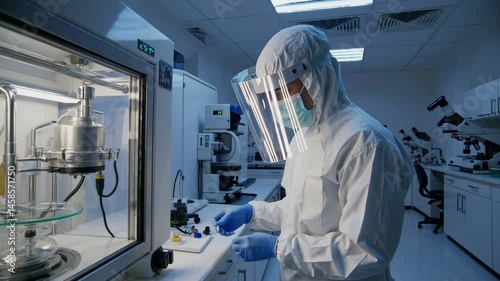 Biomedical scientist in full PPE working inside a sterile cleanroom, handling laboratory samples under a fume hood, representing high-tech research, safety protocols, and advanced medical science envi