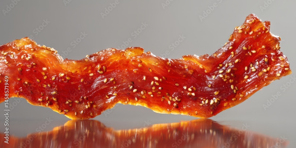 Savory Jerky Strip with Sesame Seeds Glistening on Gray Surface