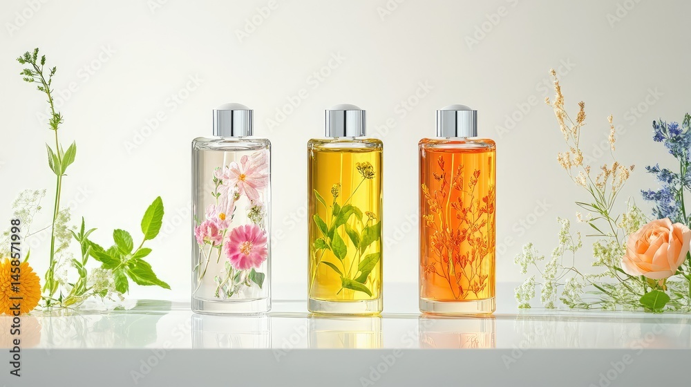 Fototapeta premium Elegant display of three herbal oil bottles with reflections, bright white studio background