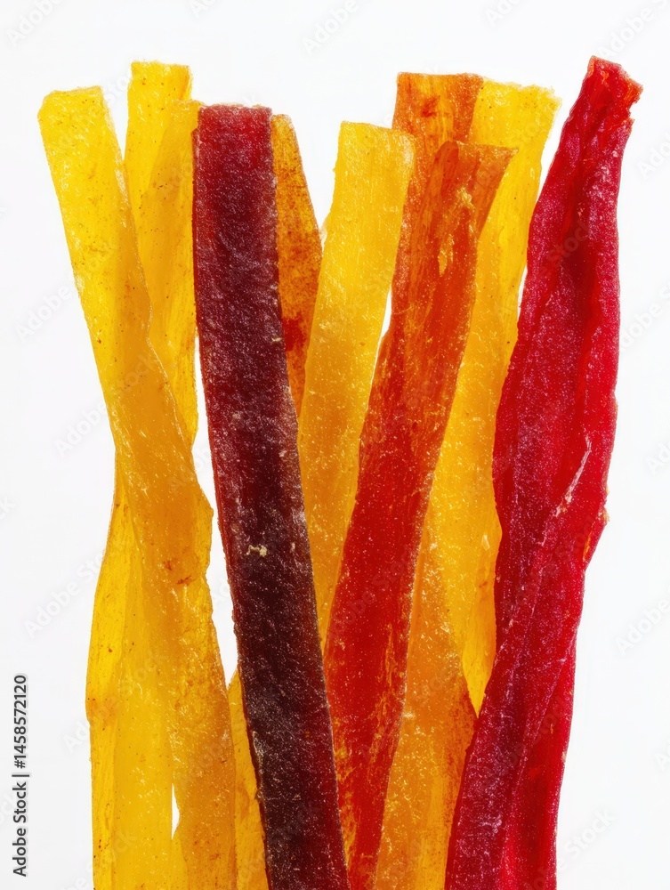 Colorful Strips of Dried Fruit Sticks on White Background