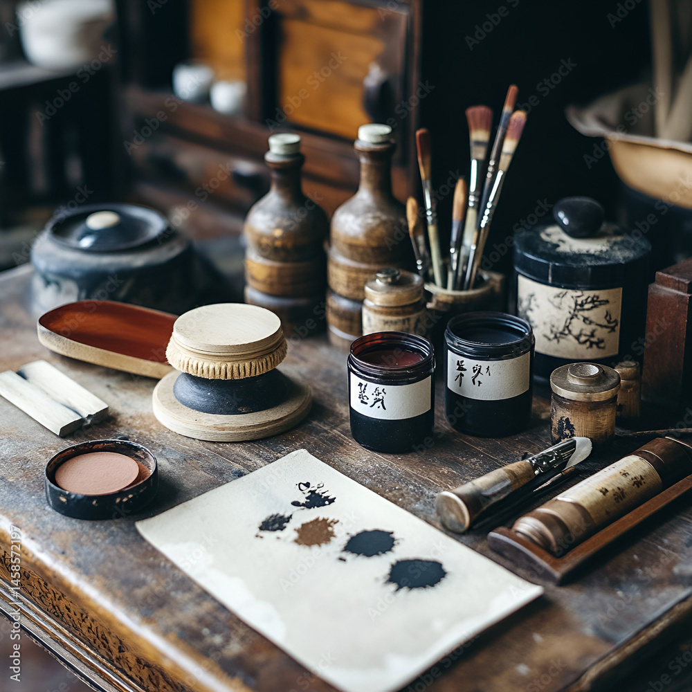 Creating artistic tools ink station art surface studio close-up pigment crafting Creating artistic tools ink station art surface studio close-up pigment crafting