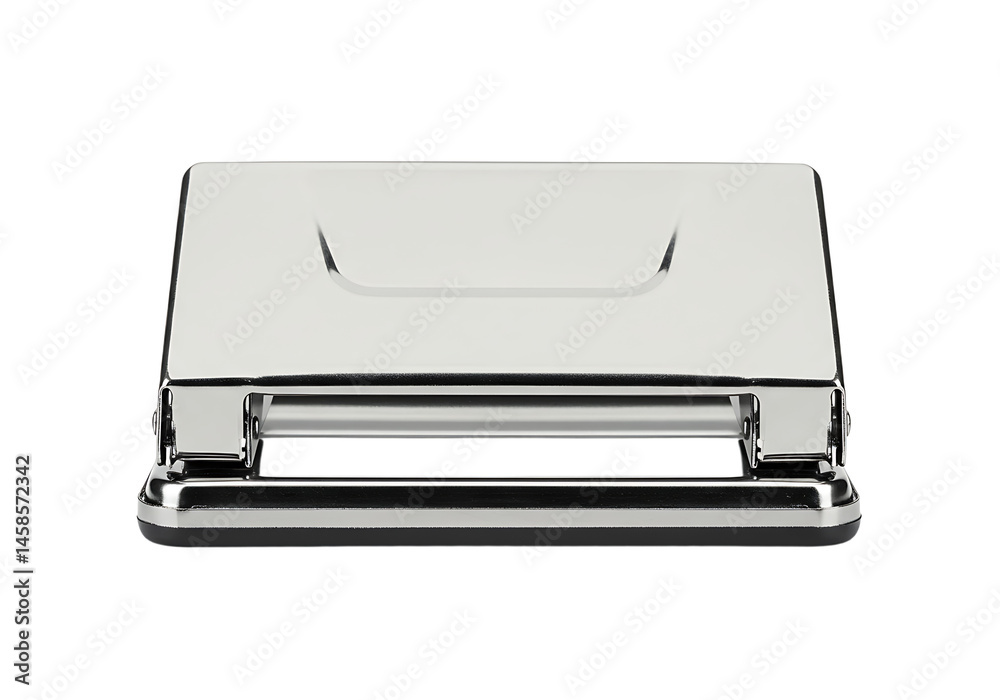 Close-up studio shot showcasing a sleek and modern chrome paper hole puncher Close-up studio shot showcasing a sleek and modern chrome paper hole puncher