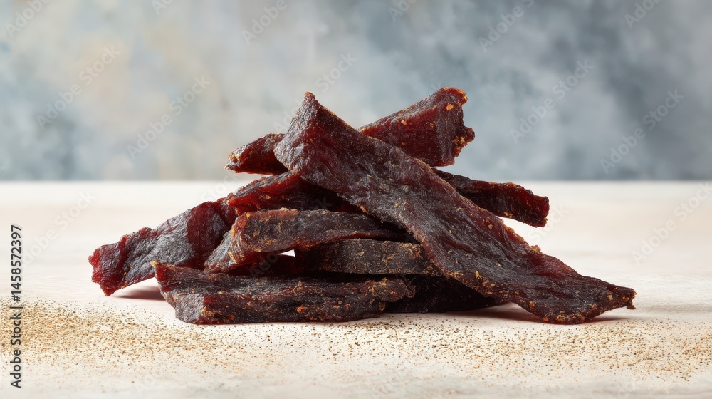 Savory Dried Meat Sticks Stacked on White Wooden Table Surface