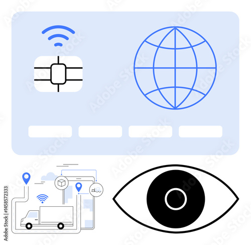 Global SIM card with wireless signal, GPS-enabled vehicle map, and digital eye highlighting connectivity. Ideal for logistics, IoT, technology, security, data analytics, global commerce simple
