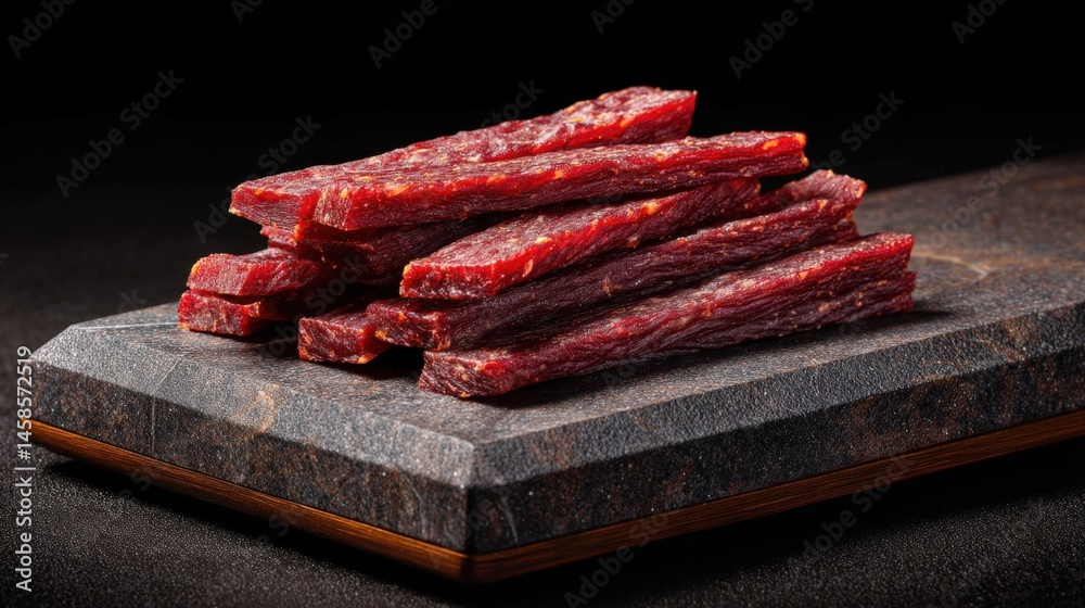 Delicious and Healthy Snack of Dried Beef Jerky Sticks on Slate Board