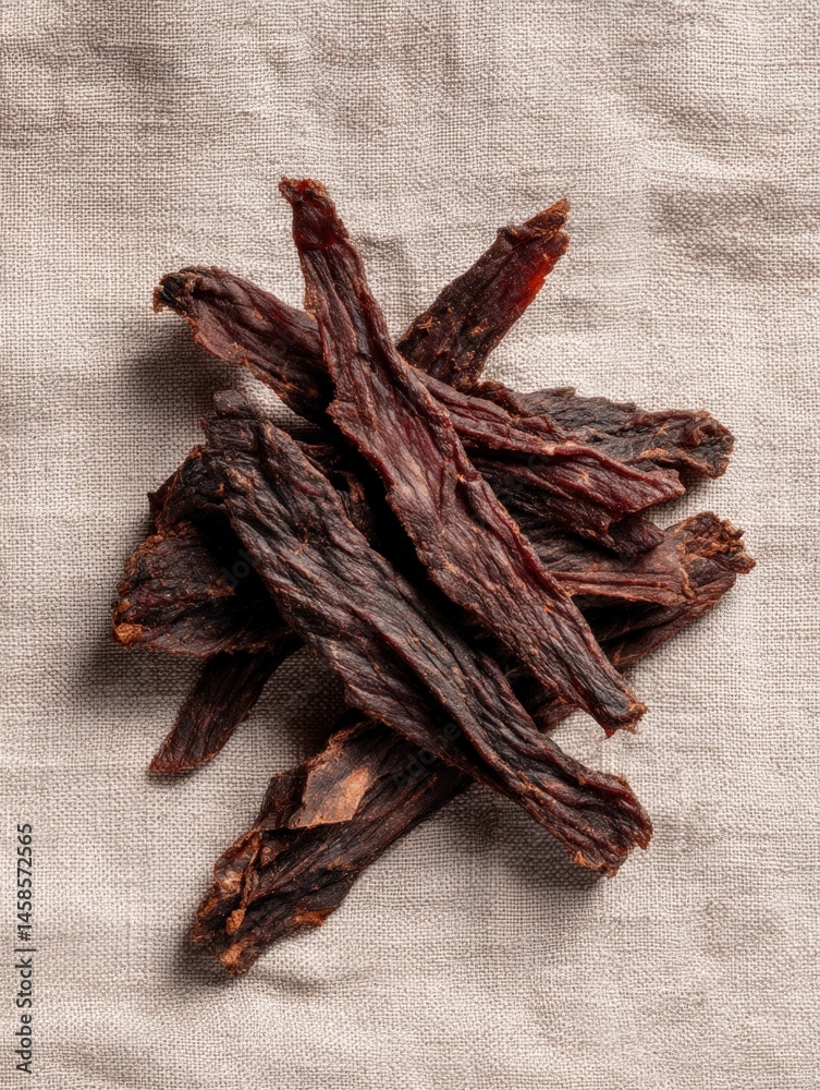 Dried Beef Jerky Stacked on Textured Linen Background