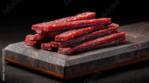Obraz na płótnie Delicious and Healthy Snack of Dried Beef Jerky Sticks on Slate Board w salonie