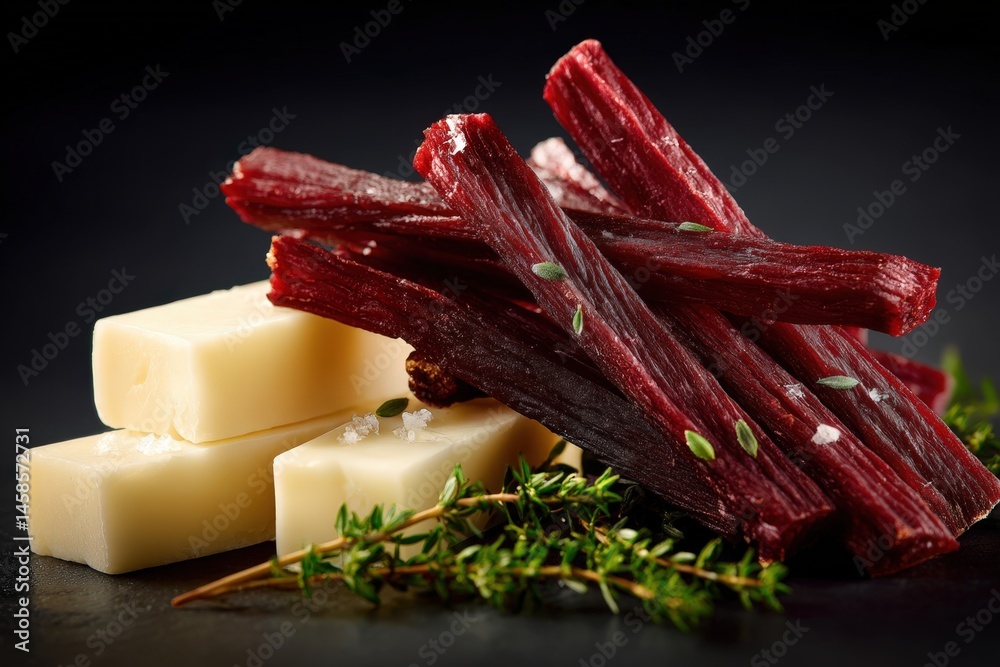 Gourmet Snack with Jerky Sticks and Cheese Cubes on Dark Surface