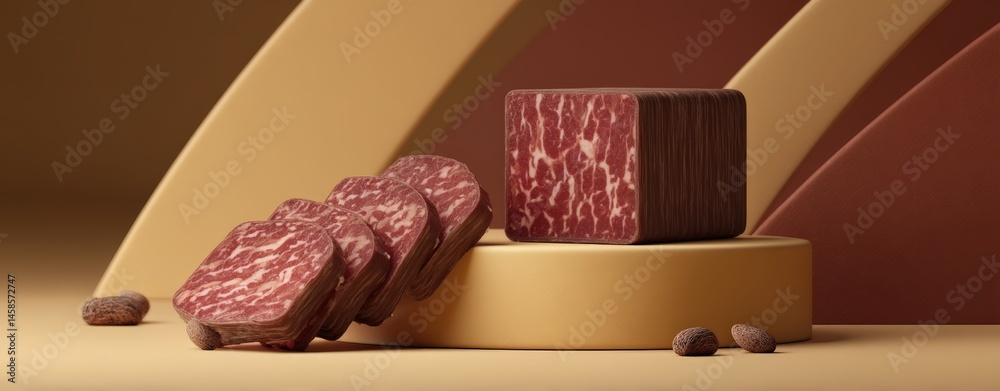 Artistic Display of Marbled Meat on Minimalist Geometric Background