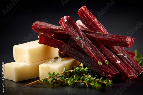 Obraz na płótnie Gourmet Snack with Jerky Sticks and Cheese Cubes on Dark Surface w salonie