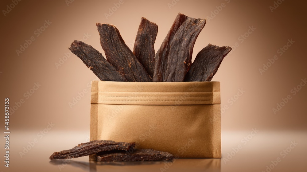 Gourmet Beef Jerky in a Stylish Packaging on a Neutral Background