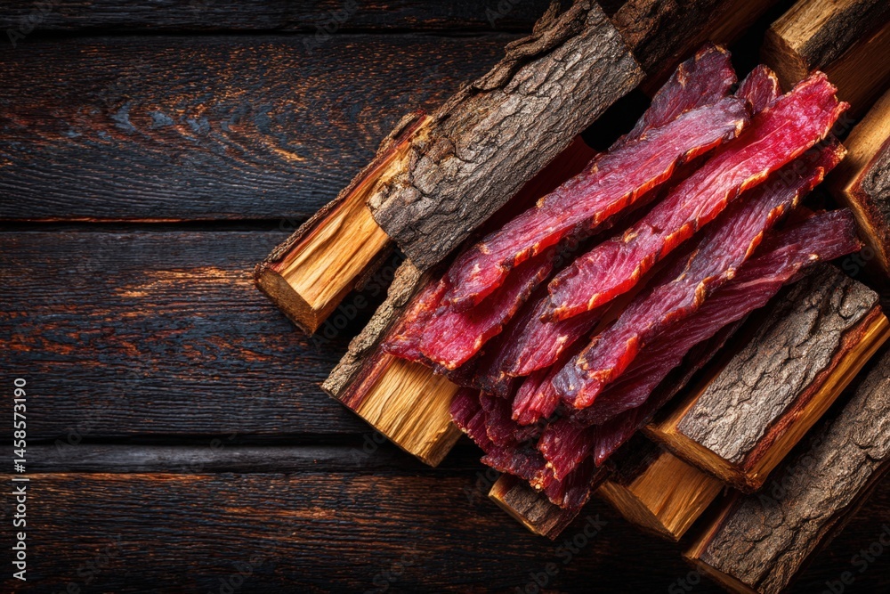 Savory Dried Meat Sticks on Rustic Wooden Background for Gourmet Use