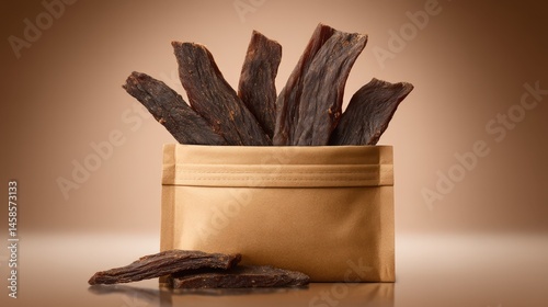 Obraz na płótnie Gourmet Beef Jerky in a Stylish Packaging on a Neutral Background w salonie