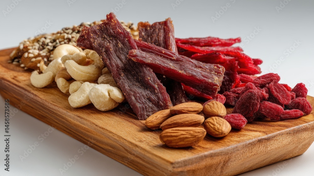 Assorted Healthy Snacks on Wooden Platter for Nutrition Enthusiasts