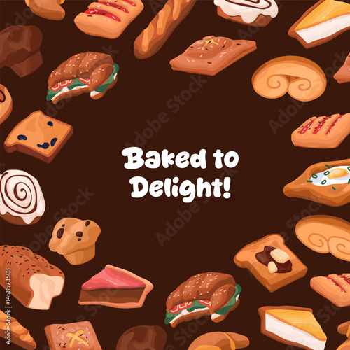 Design of card with round border of bakery and place for text. Circle frame from pastry, baked products, flour desserts, tasty food, bread, cakes. Advertising of bakehouse. Flat vector illustration