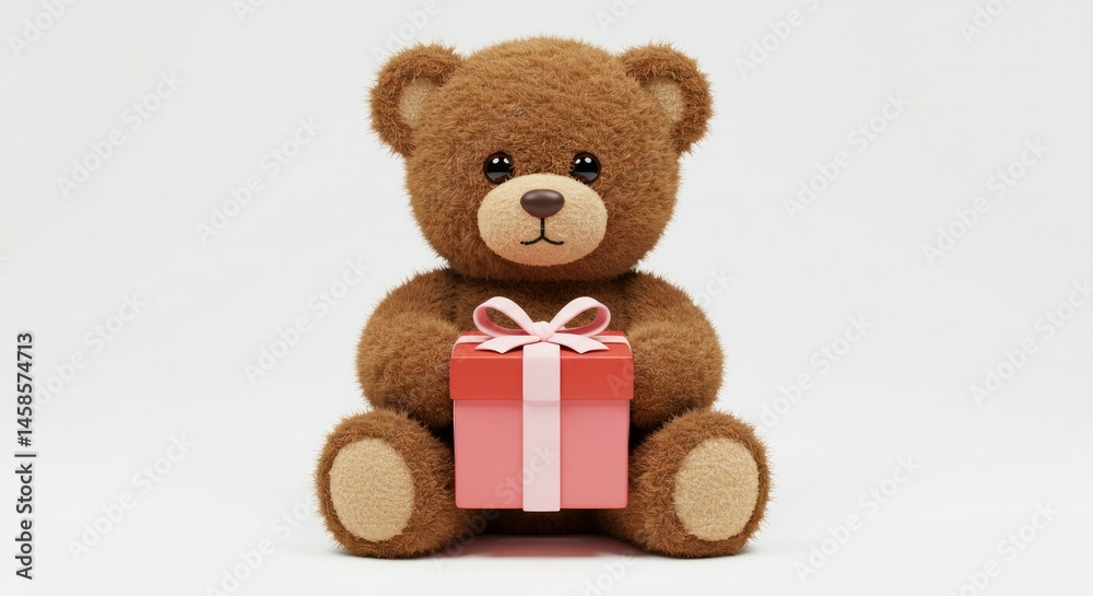 Obraz premium Delightful fluffy brown teddy bear clutching a pink gift, expressing warmth and love