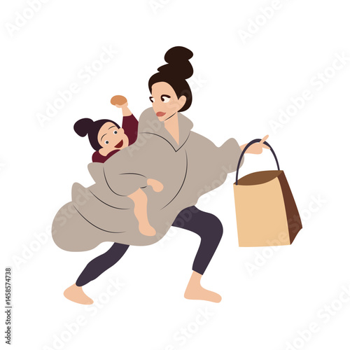 Busy Mom Carrying Child Shopping Bag