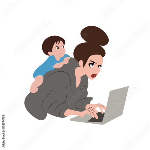Stressed Mom Working Laptop Toddler.