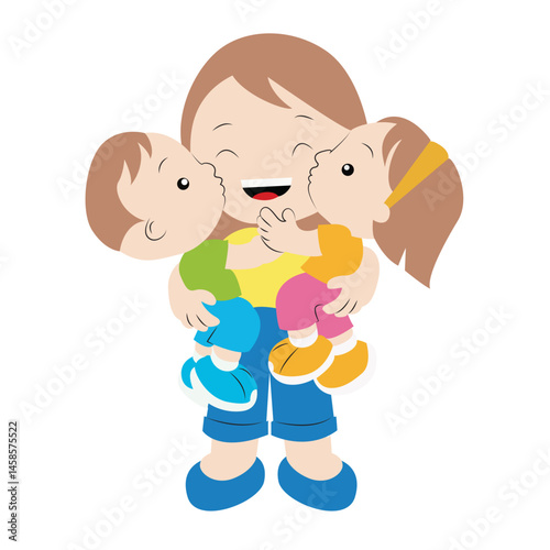 Mother Twins Kissing Happy Family