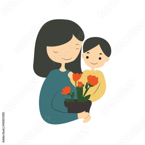 Mother Child Flowers Potted Plant Illustration