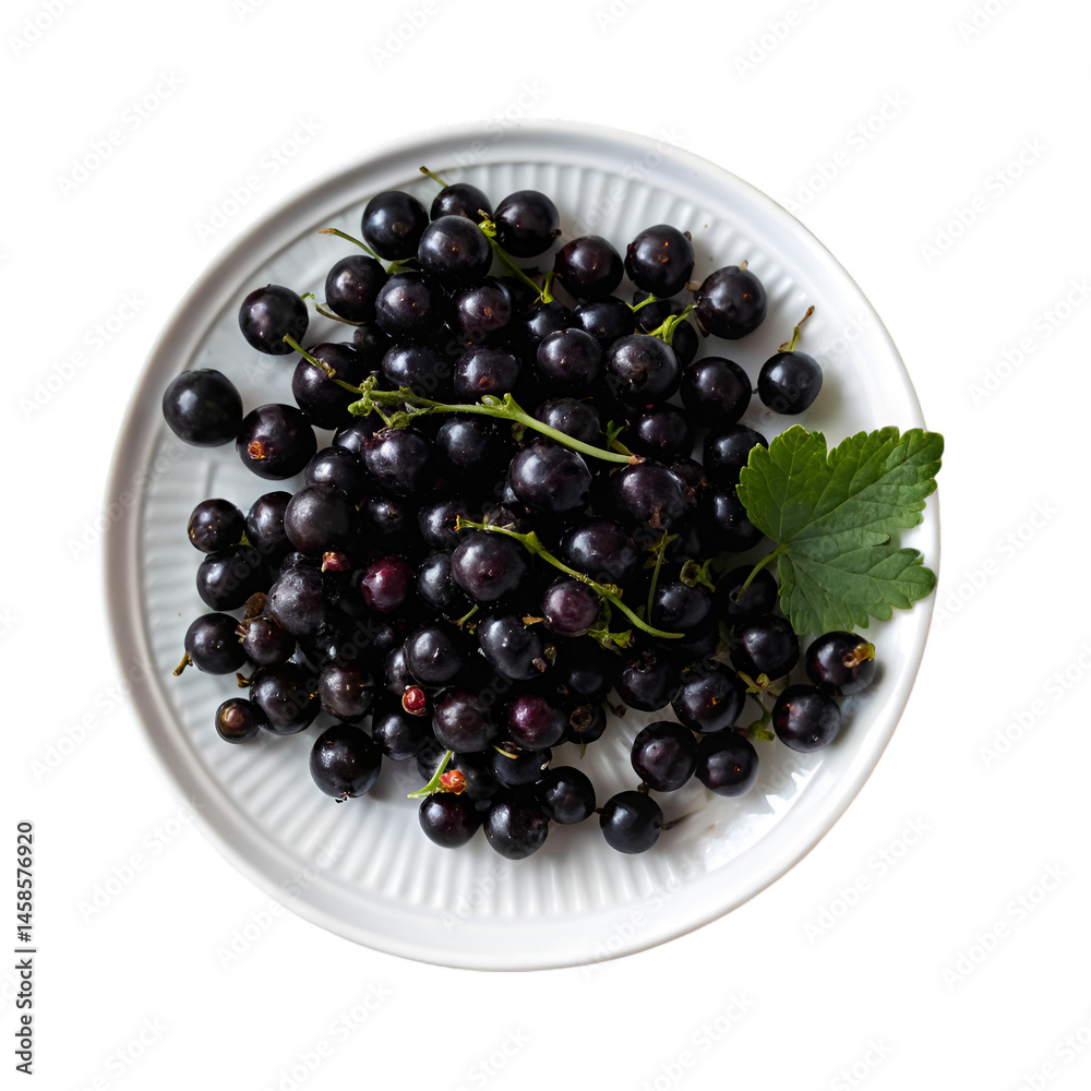 Black currant in white plate isolated on transparent background